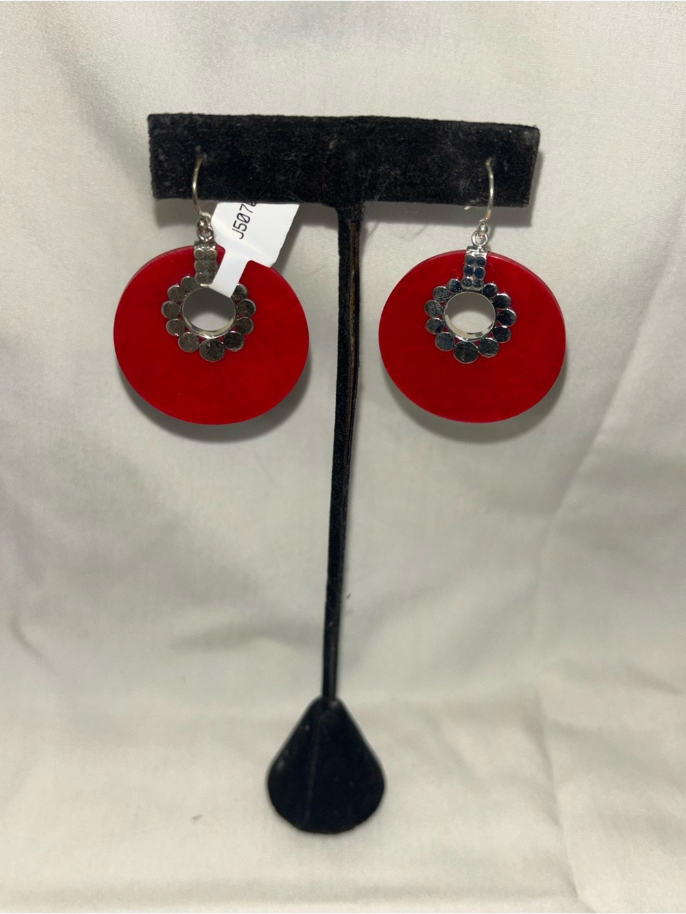 Samuel B. Red round Earrings with 925 Silver Flower accent